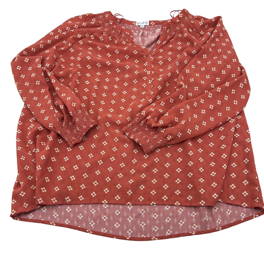 Wonderly Plus Size 1X Rust Orange Floral Print‎ Smocked Neck Long Sleeve Blouse